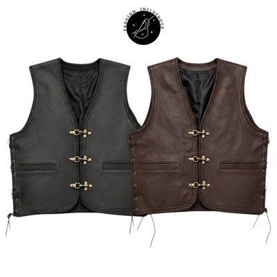 Men's Genuine Cowhide Leather Biker Vest Side Laces Fish Buckle Western Vest