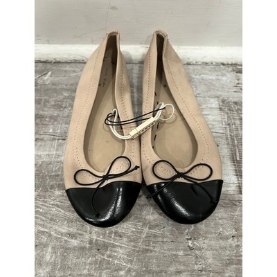Zara Kids Ballet Flats 34 US 2.5 Beige Nude Black Cap Toe Leather Flats Bow Shoe
