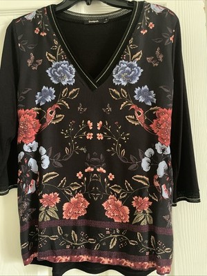Desigual Top Black W/ Multicolored Floral & Butterflies Front - Size M - 3/4 Sl