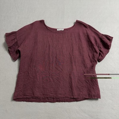 Elena Baldi Blouse Womens Small Burgundy Linen Flutter Sleeve Italy