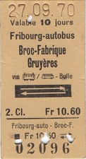 Railway tickets Switzerland Fribourg-Autobus rail/road second class return 1970