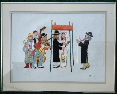 Zdeněk Obican Original Folk Art Painting Signed Czech Naive Wedding Scene