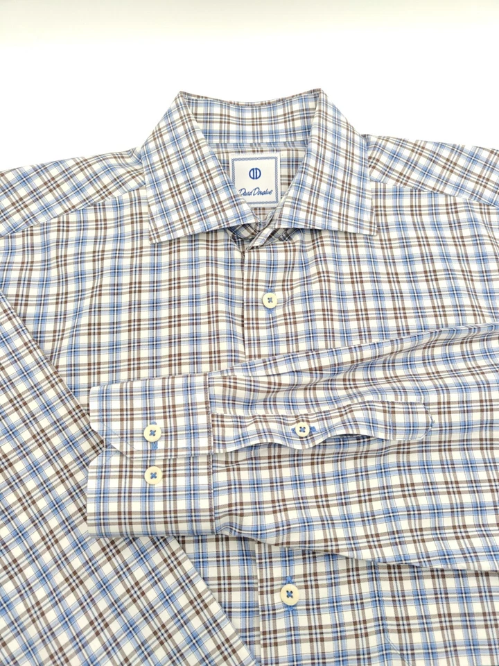 🇺🇲 Camisa de vestir David Donahue para hombre 15,5x33 100 % algodón azul marrón a cuadros Foto 2 de 4