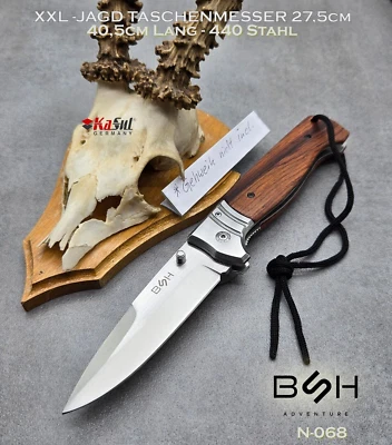 BSH ADVENTURE XXL Jagd Taschenmesser N-068 | 27,5 cm Holzgriff Messer 440 Stahl + Handseil