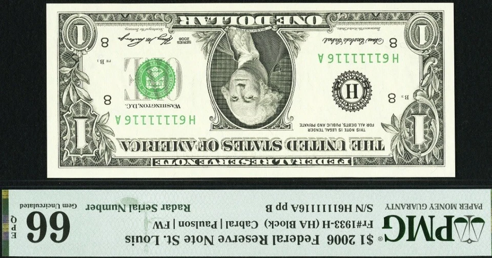 $1 2006 Fancy Serial H61111116A Super Radar BINARY upside down note.PMG EPQ 66 - Image 4 of 4