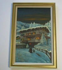 HAUSWIRTH SIGNED ORIGINAL PAINTING ILLUSTRATION WINTER CABIN LODGE HOME NIGHT