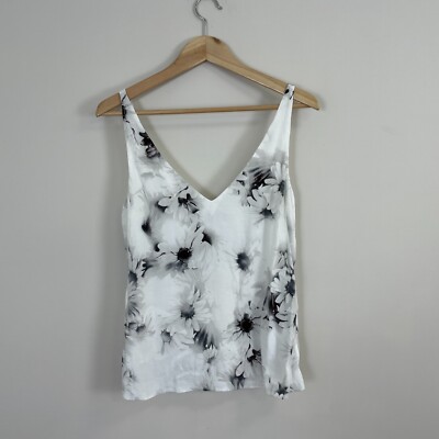TIBI Top Bluse Blumenmuster V-Ausschnitt schwarz weiß US 6 UK 10 ärmellos seidig