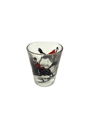 Vintage Fox Hunt Shot Glass Horse Rider and Dogs Red & Brown Graphics 1950's