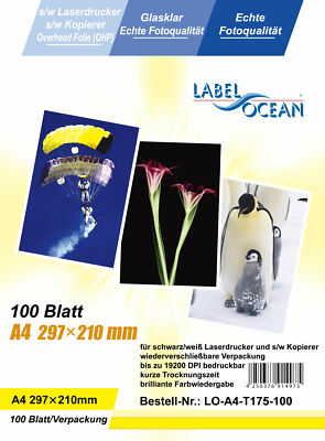 100Bl.A4 Overheadfolien Overhead OHP Folie  für S/W Laserdrucker  LO-A4-T175-100