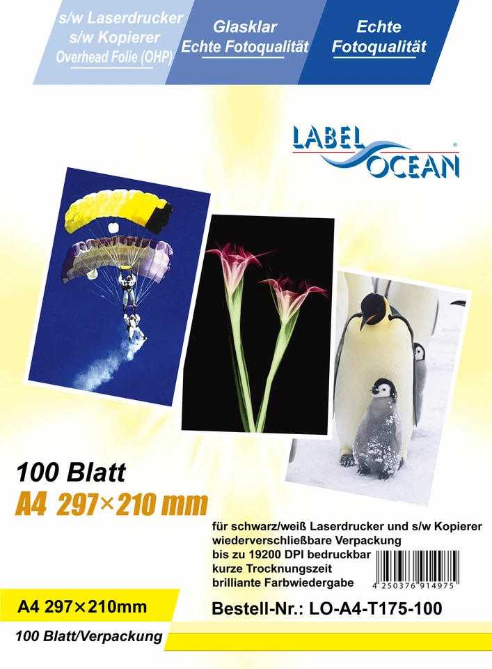 100Bl.A4 Overheadfolien Overhead OHP Folie für S/W Laserdrucker LO-A4-T175-100