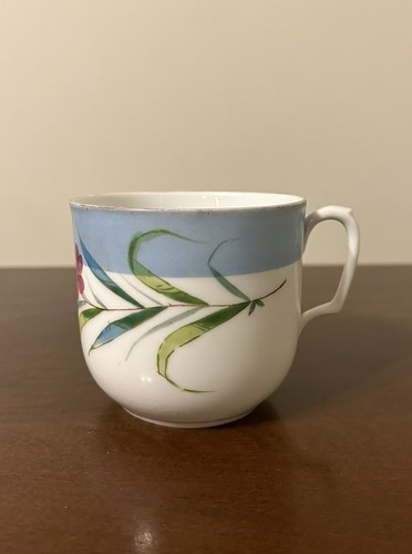 Antique c1932 Gilded Porcelain Mustache Teacup & Saucer Blue Floral #962/32 READ - Picture 2 of 15