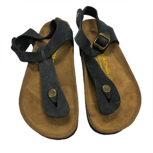 Real Natura SZ 7 Anatomic Sandals T-Strap Black Leather Slides Ergonomic Summer - Picture 1 of 12