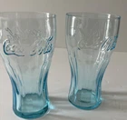 2 Vtg Light Aqua Blue Coca Cola Coke Drinking 6” Glasses Tumbler 16 oz Retired