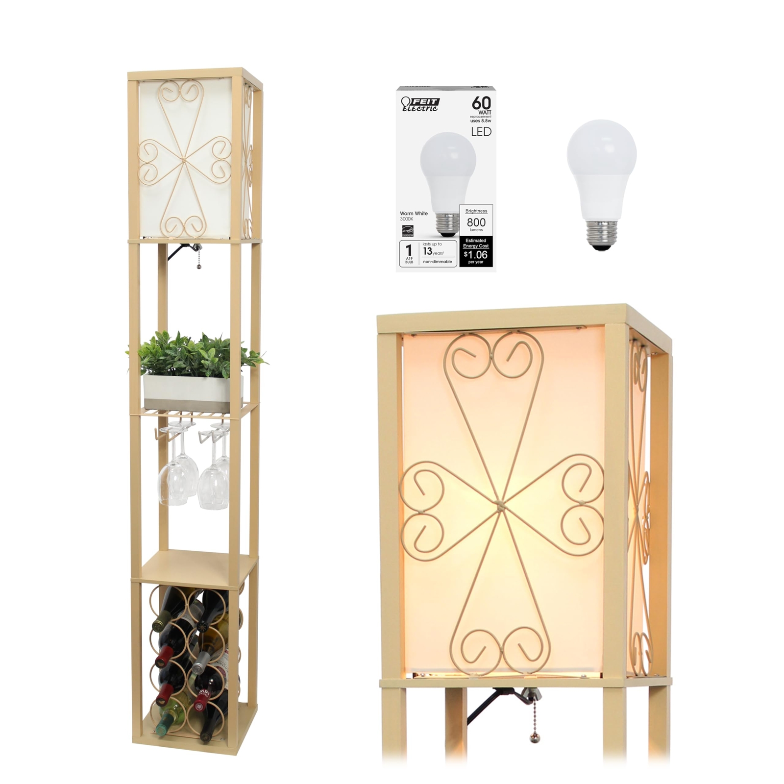 LF1015-TAN-LB Three Shelf Etagere Organizer Storage and Wine Rack Floor Lamp ...