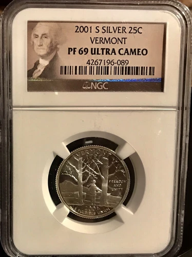 2001 S Silver 25C Vermont State Quarter PF69Ultra Cameo NGC