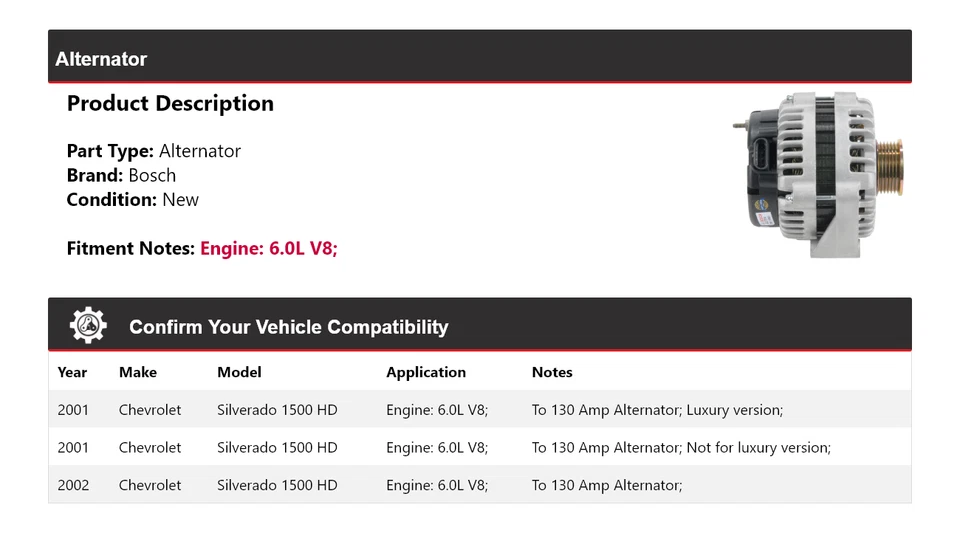 Alternador Bosch para Chevrolet Silverado 1500 HD 2001-2002 6,0 L V8 (Nuevo) Foto 2 de 4