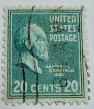 US POSTAGE ~ James A. Garfield ~ Green 20₵ Stamp ~ Cancelled/Posted ~ c.1938 -16