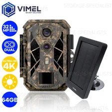 Trail Camera Dual 2 Lens 64GB Solar Panel Wildlife Security UHD 4K Outdoor