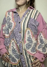 Boho Patchwork Jacket Womens L Embroidered Lace Button Up