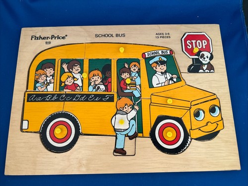 2 Vintage 1984 Fisher Price Holzklammer Puzzle Lehruhr & Schulbus - Bild 3 von 8