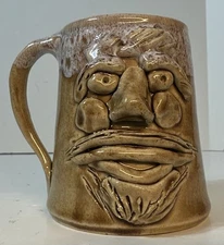 John Garrou - Black Mountain Pottery Old Fort NC Folk Art Face Jug Mug Brown