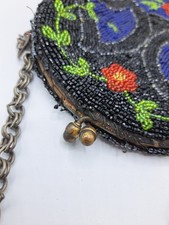 Edwardian Beaded Purse Handbag with Flowers Art Nouveau Kiss Clasp OriginalChain