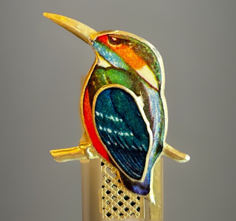 Vintage Lacquered Enamel Colorful Bird Bookmark Clip Style GP Brass Reading Gift