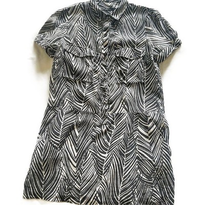 Zara Basic Ladies Dress Large Black and White 100% Linen Short Sleeves Leaf Prin