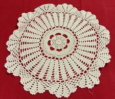 Vintage Round Doily, Hand Crocheted, Flower Design, Off White, Cotton