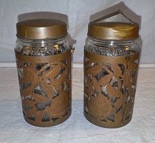 Pair of Taxco Mexico Brass Overlay Cut Out Sleeve Clear Glass Sugar/Cocoa Jars