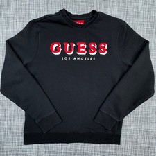 GUESS Los Angeles Sweatshirt Mens M Black Chenille Logo Cotton Blend Crewneck