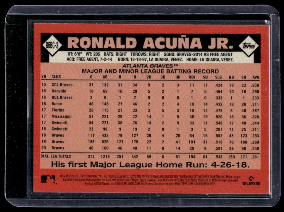 2021 Topps Chrome Ronald Acuña Jr. #86BC-3 Atlanta Braves - Image 2 of 2