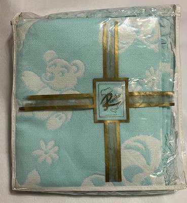 Vtg Renzo Italy Reversible Baby Crib Blanket with Fringe Blue White 35X45 NOS