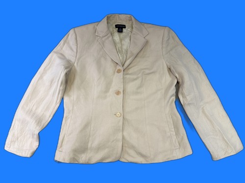 Ann Taylor Beige Linen Rayon Blazer Womens 12 Collared Long Sleeve Button Front