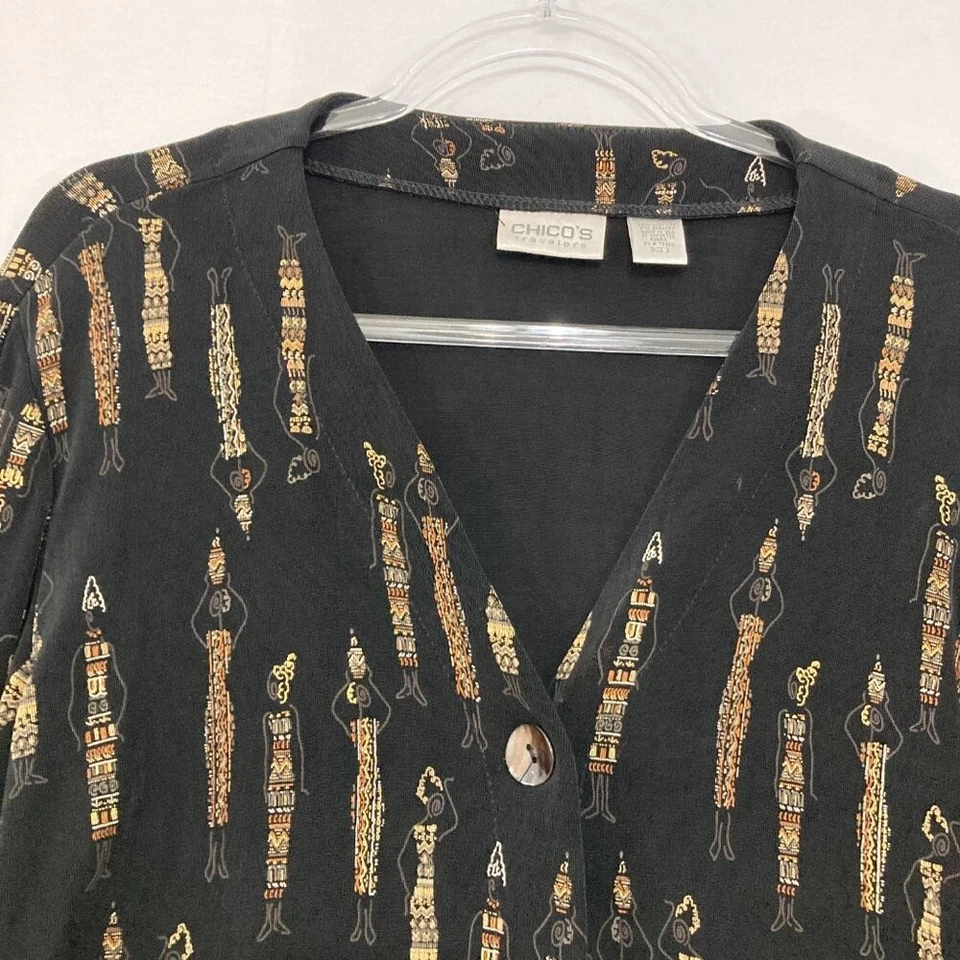 Chaqueta Chico's Travelers Talla XL/3 Negra Marrón Estampado Tribal Boho Slinky Tejida Foto 3 de 4