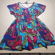 Win Win Women's L/XL Colorful Paisley Tunic Blouse Cap Sleeve Adjustable 