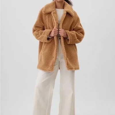 GAP Sherpa Teddy Coat Camel Brown Y2K Winter Glam Oversized Jacket SMALL Cozy