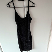 PRETTYLITTLETHING Black Glitter Bodycon Mini Dress V-Neck Strappy Size 8 Regular