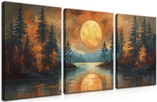 Framed Gold Mountain Forest Sunset Landscape Wall Art Set of 3, Abstract Boho...