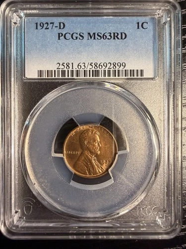 (Rare RD) 1927-D Lincoln Wheat Cent MS63 RD PCGS