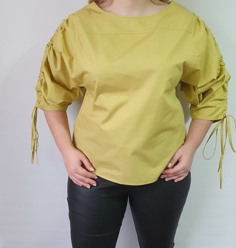 M&S Lime Yellow Green Ruched Sleeve Blouse Size 16 Cotton Relaxed Fit Eur 44 - Picture 3 of 8