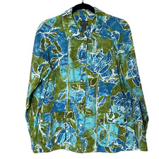 Chico's Women's Artsy Floral Lightweight Jacket Snap Pockets Size 2 L Blue Green