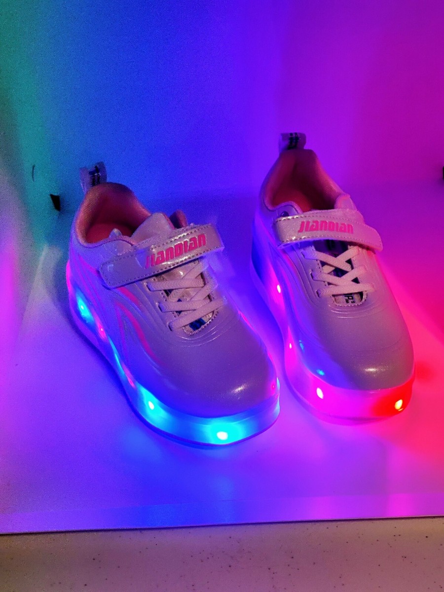 New Jiandian Girls White Pink USB Recharging LED Roller Skates