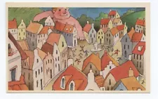 Giant Attacking Town Riddle Comic Art Humor Postcard