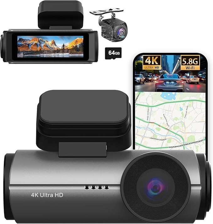 4K 1080P Front Rear Dash Cam with 64GB Card and 3.16” IPS Screen-image