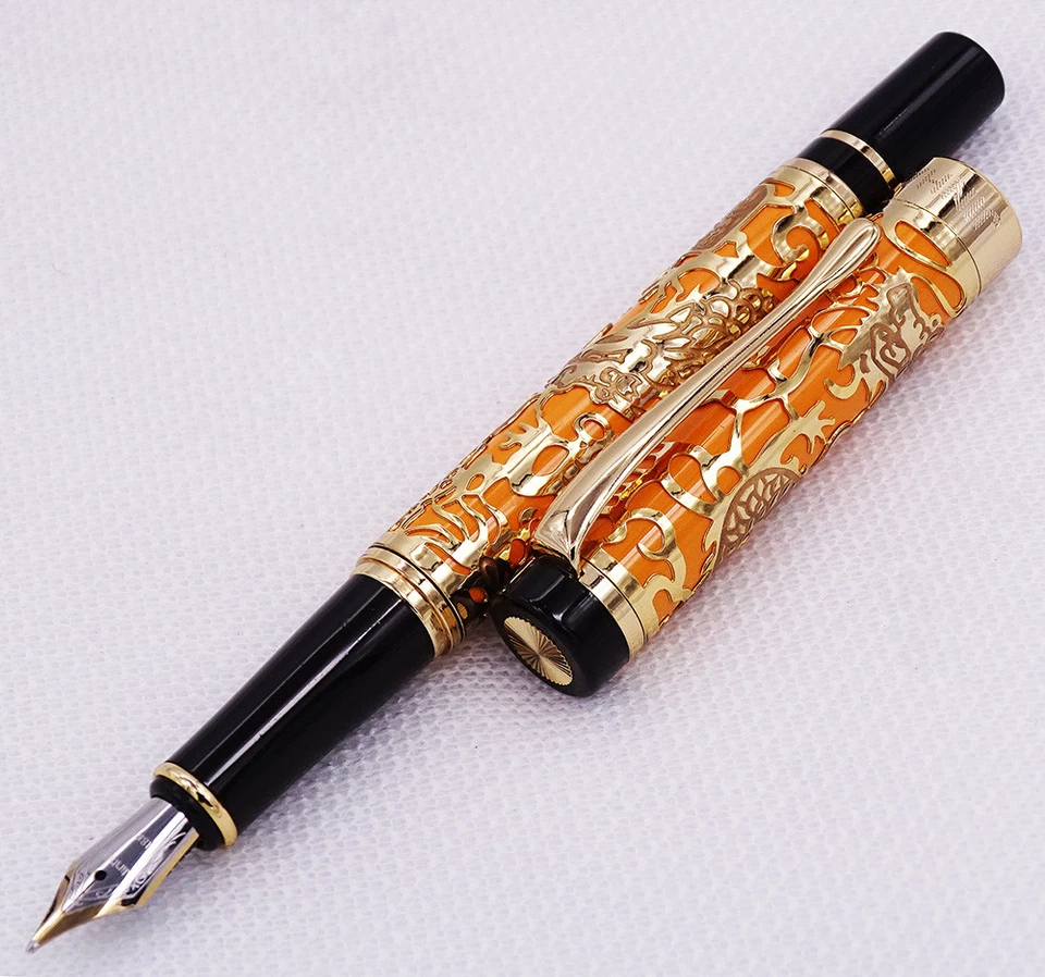 Pluma Estilográfica Jinhao Dragón Textura Talla F Plumín Pluma de Escritura (Naranja y Dorado) Foto 2 de 4
