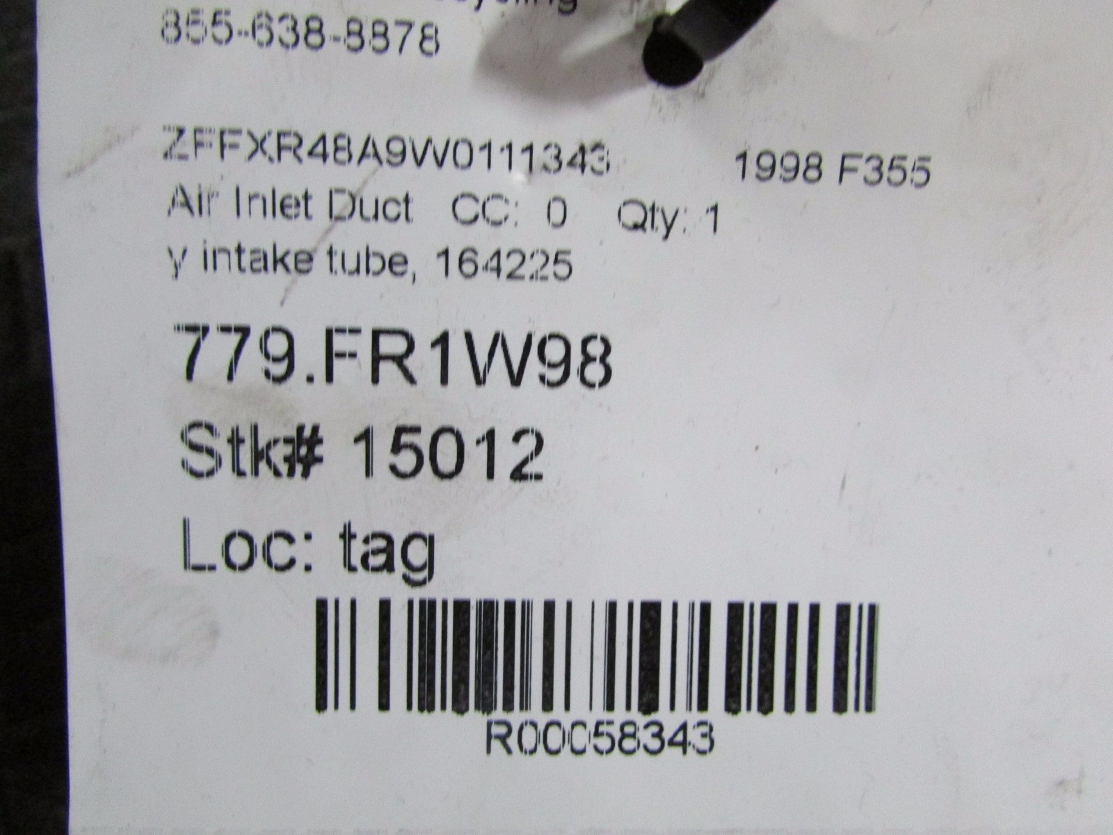 Ferrari F355, Y Intake Duct Tube, Used, P/N 164225