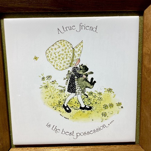 Holly Hobbie and Cat Wood Framed Ceramic Tile Wall Art 70s Vintage Sands 22cm - Picture 2 of 13