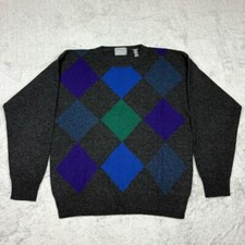 100 Lambswool Argyle DiamondSweater Crewneck Long Sleeve Heathered Grey Men XL