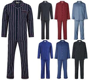 Walker Reid Mens Cotton Pyjamas Navy Stripe Traditional Long Sleeved PJs Set